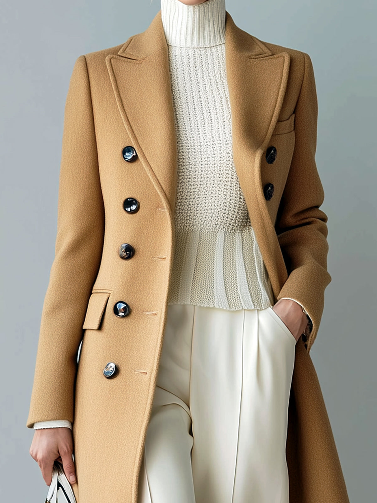 ElevenOra Chic Casual Solid Color Wool Blend Peaked Lapel Double-Breasted Tailored Warm Long Coat