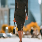 ElevenOra Casual Office Coffee Speckled Cotton Blend Turtleneck Long Sleeve Sheath Bodycon Midi Dress
