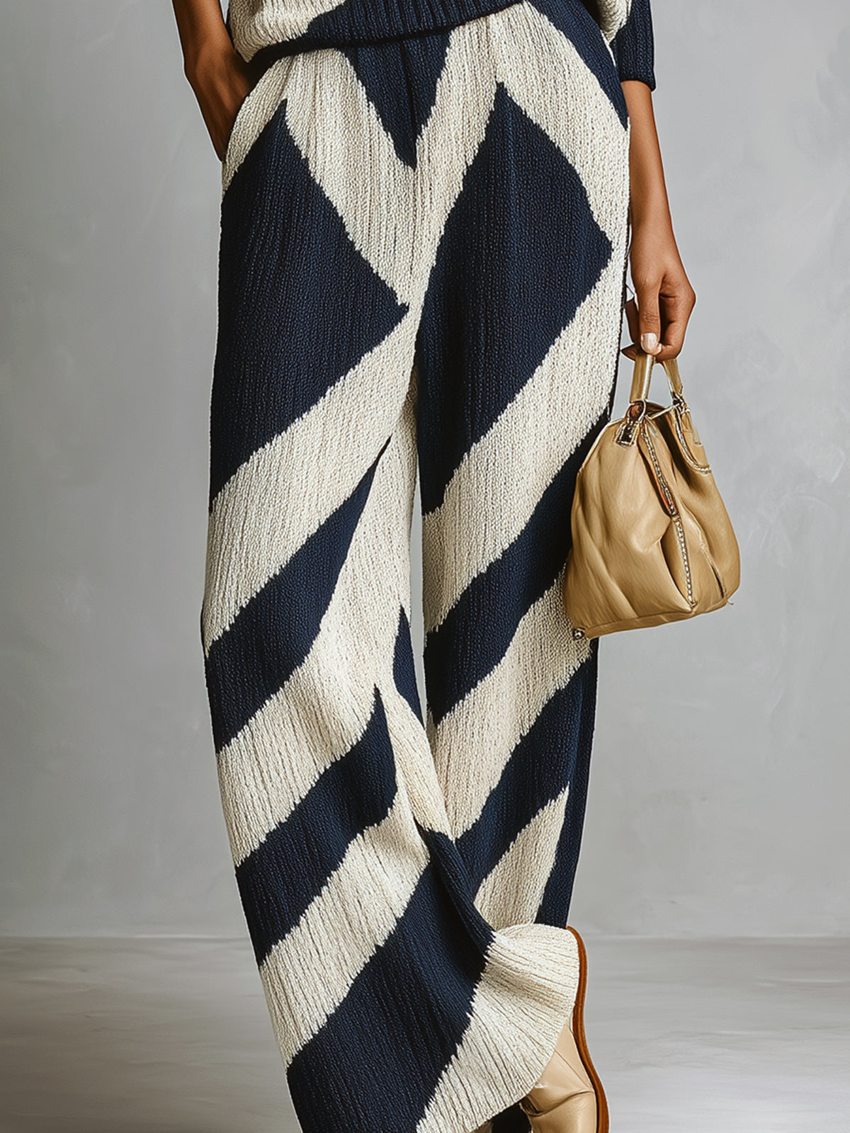 ElevenOra Chic Elegant Geometric Jacquard Lapel Long-sleeved Polo Sweater Wide-leg Pants Knitted Two-piece Set