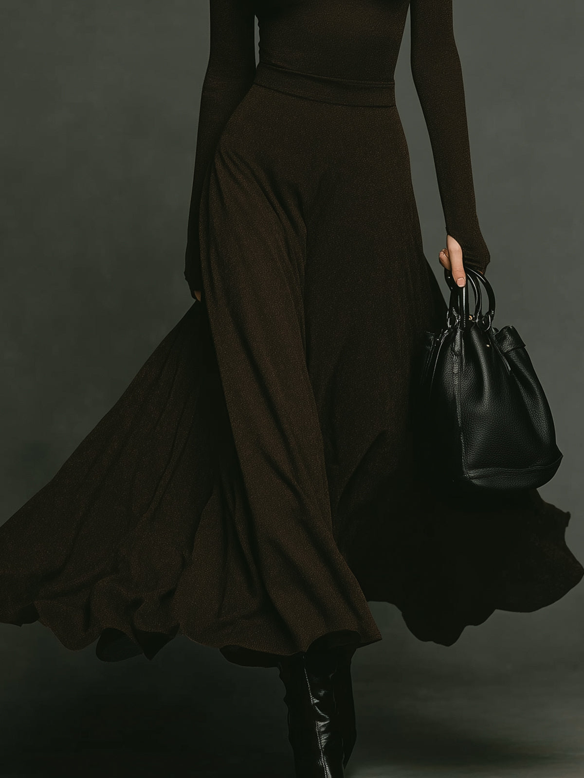 ElevenOra Elegant Turtleneck Long Sleeve Fitted Knit Sweater With Flowy Maxi Skirt Two-Piece Set