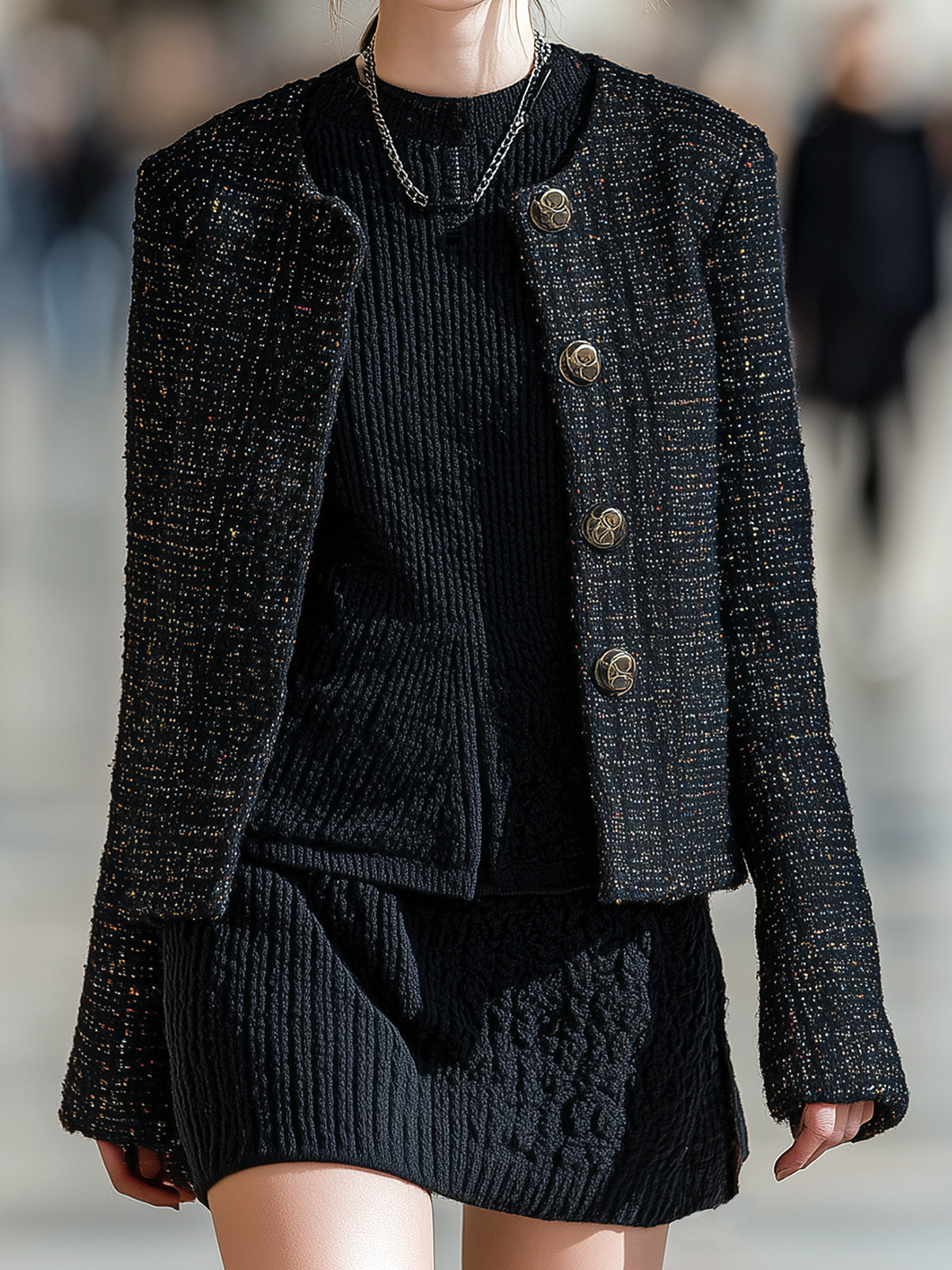 ElevenOra Vintage Elegant Black Tweed Round Neck Metal Button Single-Breasted Cropped Jacket