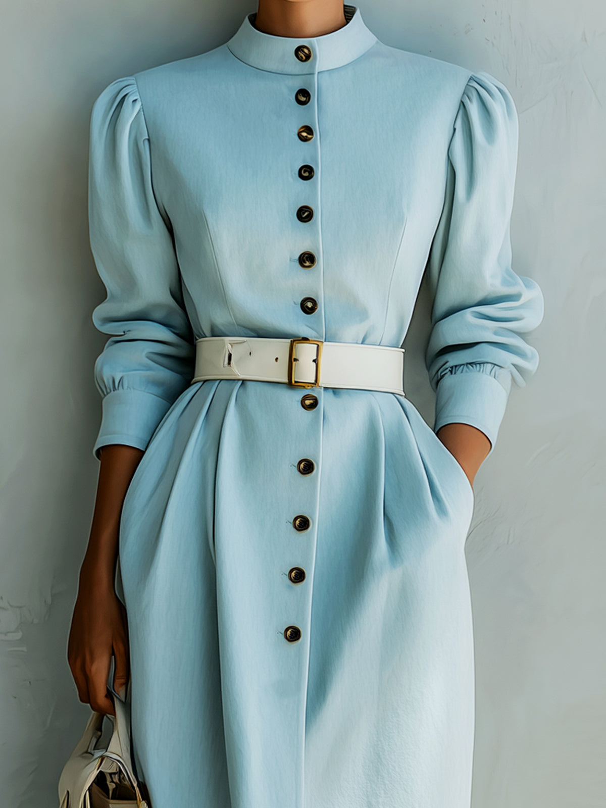 ElevenOra Casual Office Cotton Blend Stand Collar Single-Breasted Belted Long Puff Sleeve Midi Dress