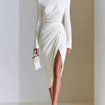 ElevenOra Casual Office Cotton Blend Ruched Turtleneck Long Sleeve Side Slit Bodycon Wrap Midi Dress