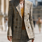 ElevenOra Chic Vintage Contrast Check Peak Lapel Double-breasted Slim-fit Blazer