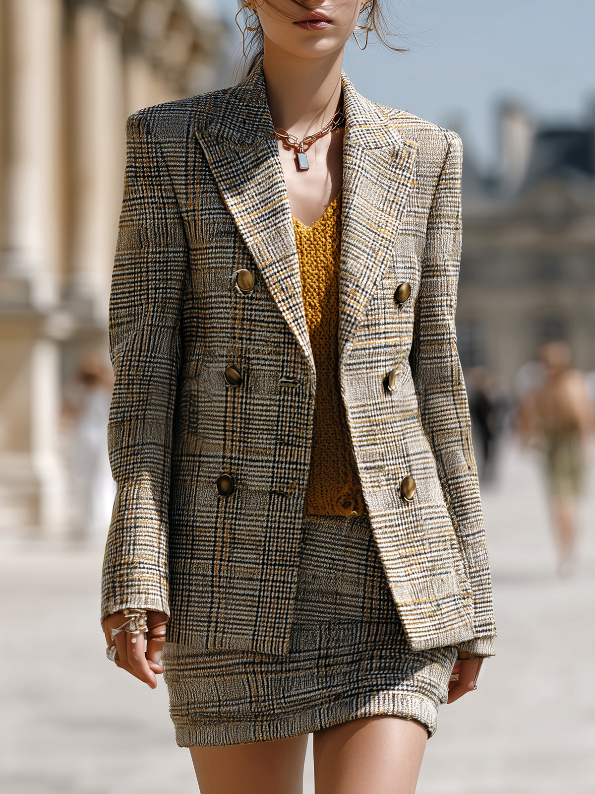 ElevenOra Chic Vintage Contrast Check Peak Lapel Double-breasted Slim-fit Blazer