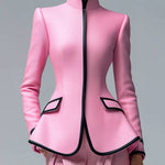ElevenOra Chic Vintage Pink Stand Collar Single-Breasted Contrast Trim Tailored Waist Blazer