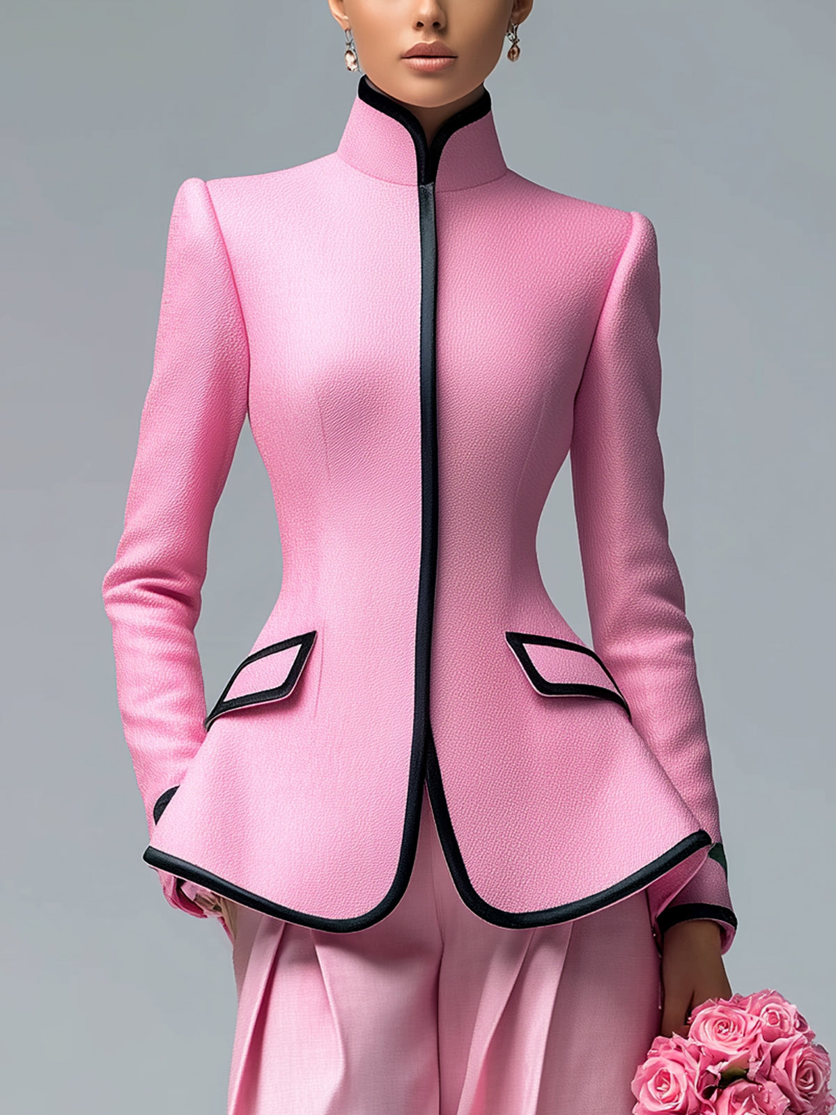 ElevenOra Chic Vintage Pink Stand Collar Single-Breasted Contrast Trim Tailored Waist Blazer