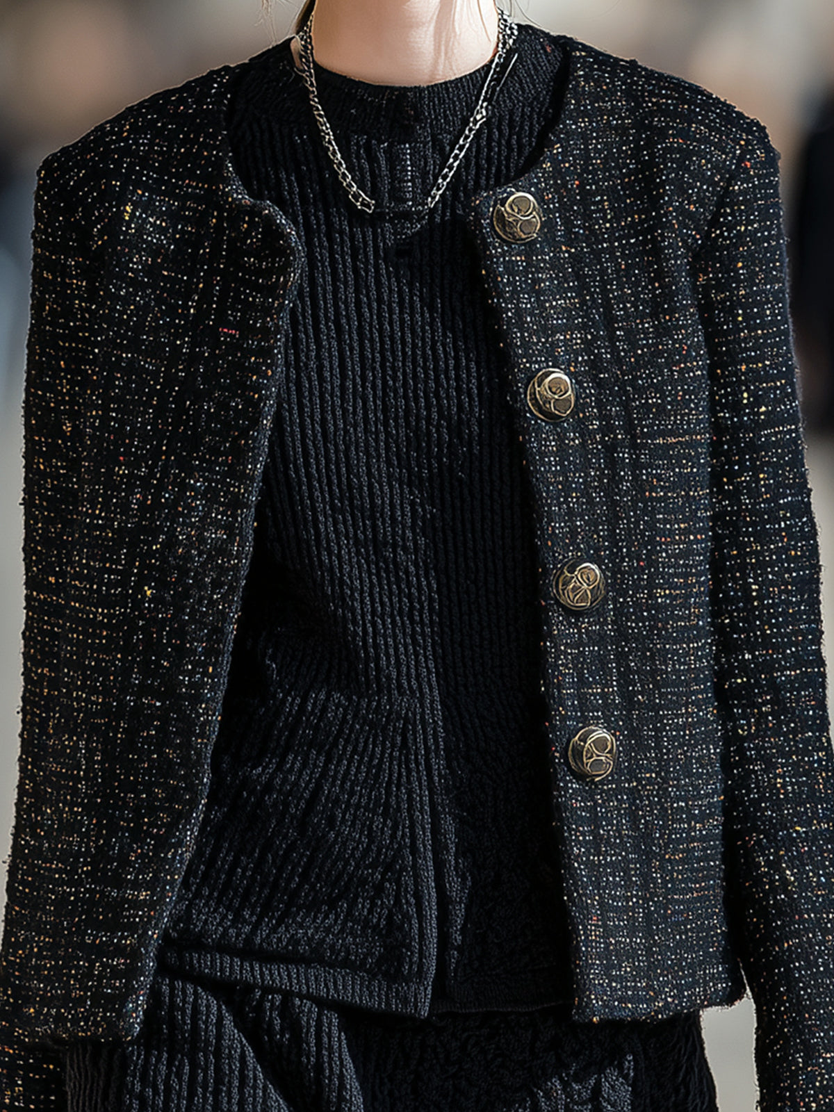 ElevenOra Vintage Elegant Black Tweed Round Neck Metal Button Single-Breasted Cropped Jacket