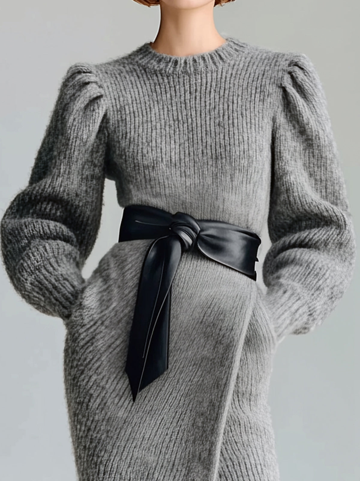 ElevenOra Chic Elegant Crew Neck Puff Long-sleeve Belted Side Slit Knit Midi Dress