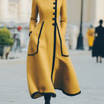 ElevenOra Vintage Elegant Wool Blend Stand-up Collar Slanted Single-breasted Contrast Trim Tailored Waist Long Coat