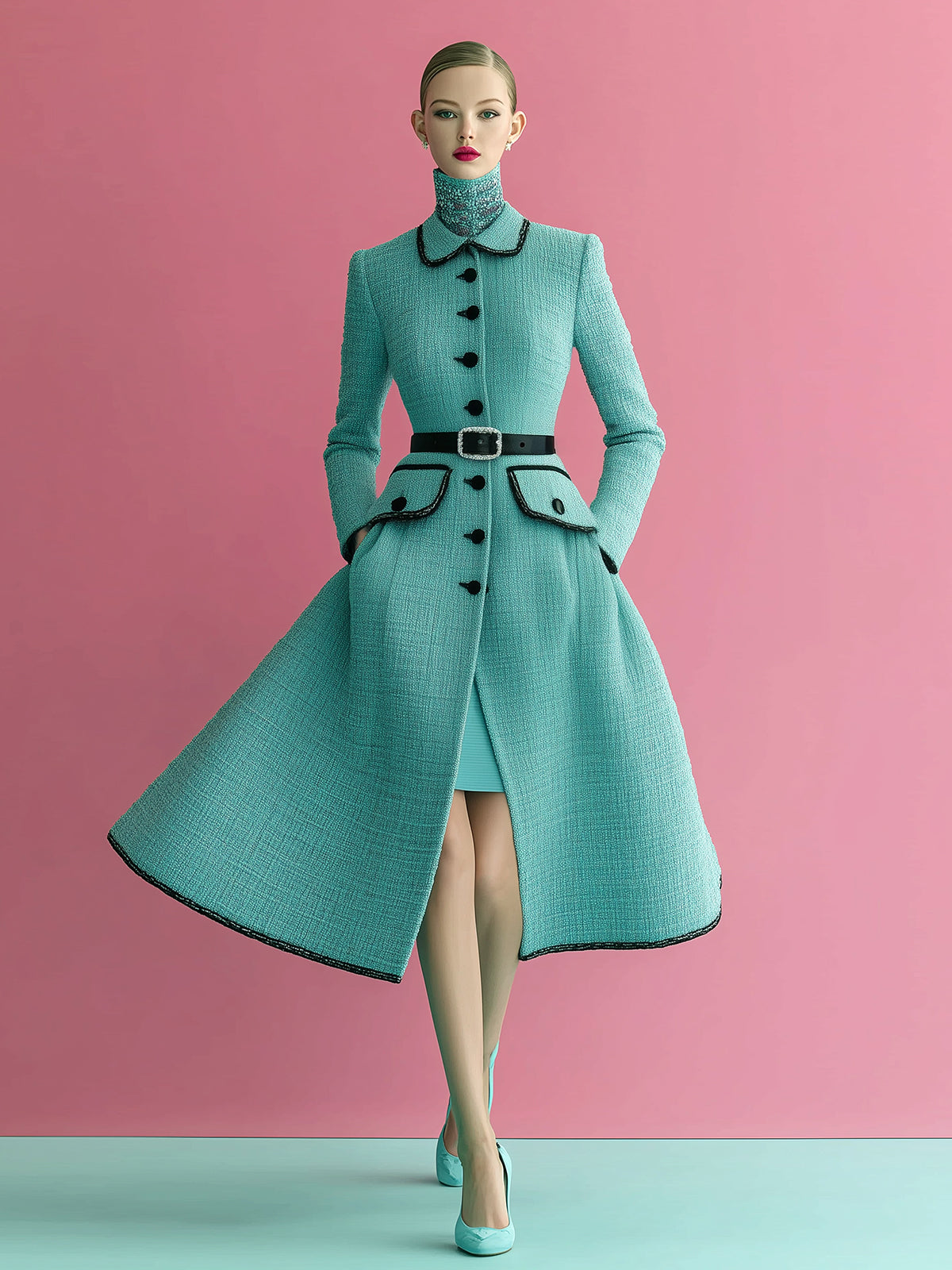 ElevenOra Vintage Elegant Tweed Peter Pan Collar Single-breasted Contrast Trim Belted Mid-Length Dress Coat