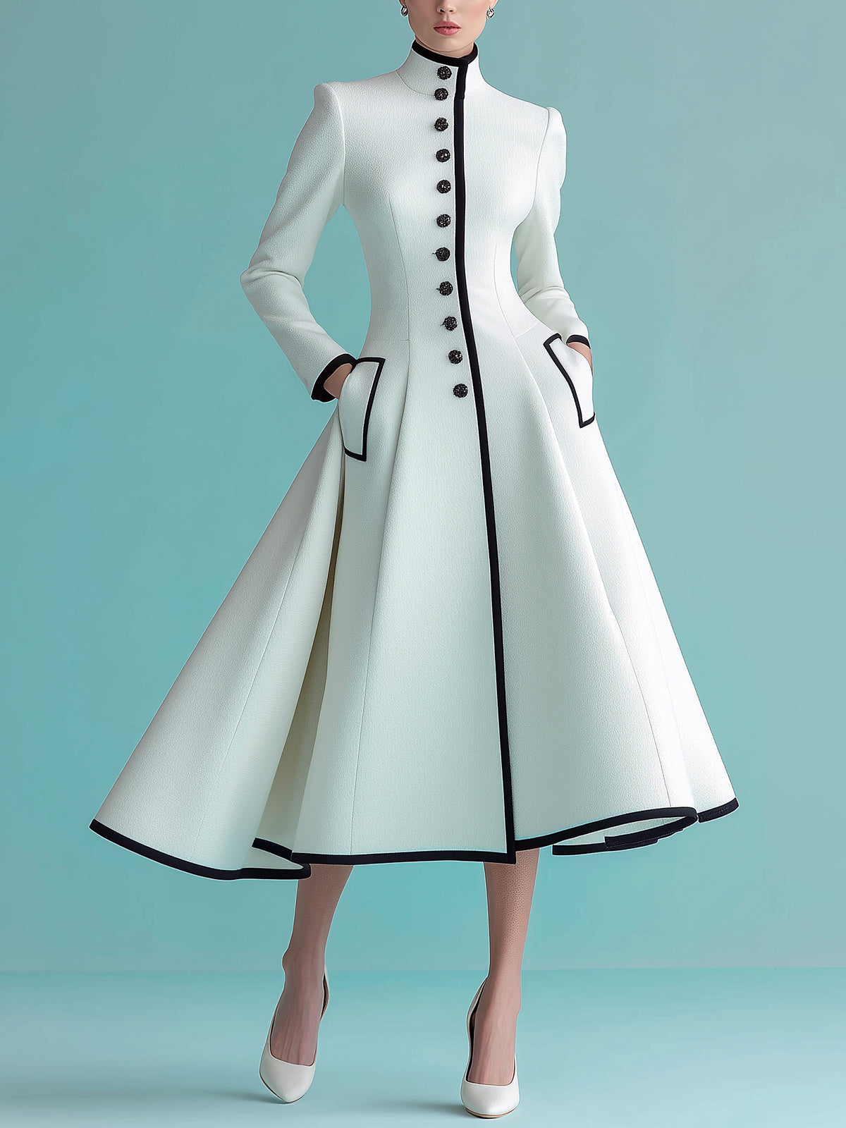 ElevenOra Vintage Elegant Wool Blend Stand Collar Single-breasted Tailored Waist Mid-Length Dress Coat