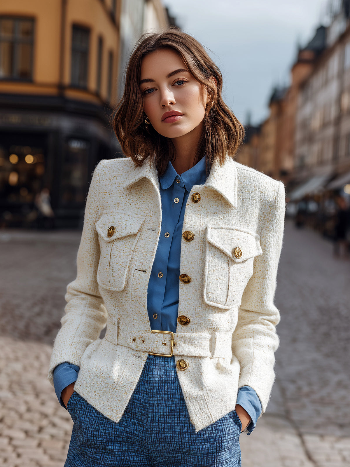 ElevenOra Vintage Casual Wool Blend Lapel Collar Metal Button Single-Breasted Belted Jacket