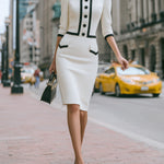 ElevenOra Elegant Cotton Blend Textured Round Neck Contrast Trim Button-Front Tailored Waist Long Sleeve Midi Dress
