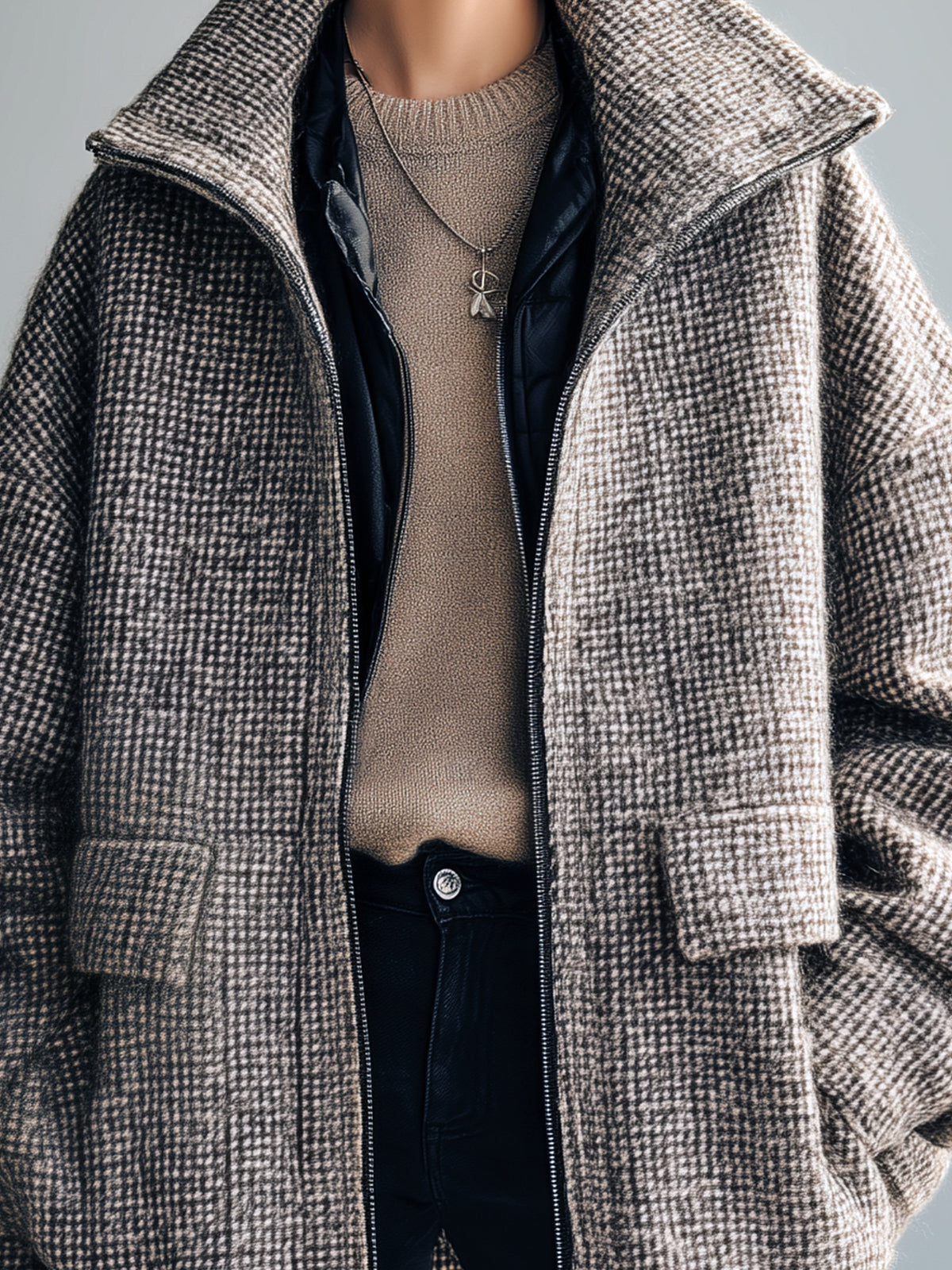 ElevenOra Casual Chic Wool Blend Houndstooth Wide Lapel Patch Pockets Oversized Zip-Front Warm Coat