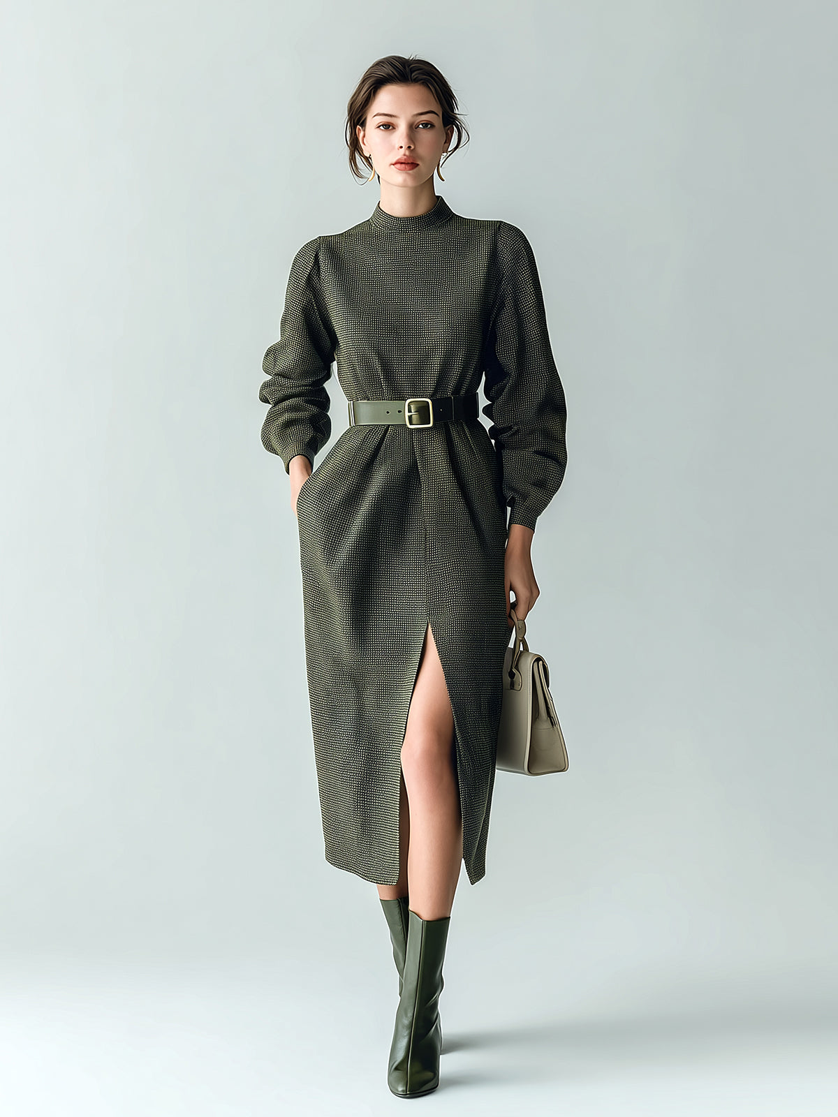 ElevenOra Casual Office Cotton Blend Plaid Crew Neck Oversized Belted Long Lantern Sleeve Slit Midi Dress