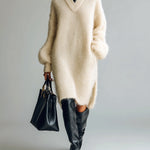 ElevenOra Stylish Elegant Beige V-Neck Side Slit Long Lantern Sleeve Mohair Knit Oversized Midi Dress