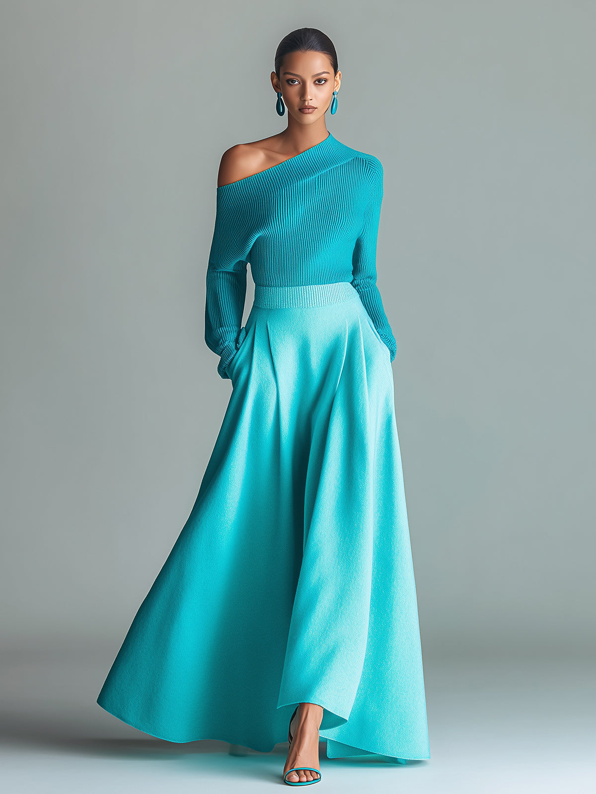 ElevenOra Chic Elegant One-Shoulder Long-Sleeve Sweater Elastic Waist A-Line Maxi Skirt Contrast Knit Two-Piece Set