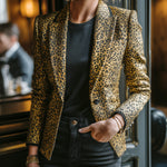 ElevenOra Casual Vintage Leopard Print Peaked Collar Single-Breasted Contrast Trim Tailored Waist Blazer