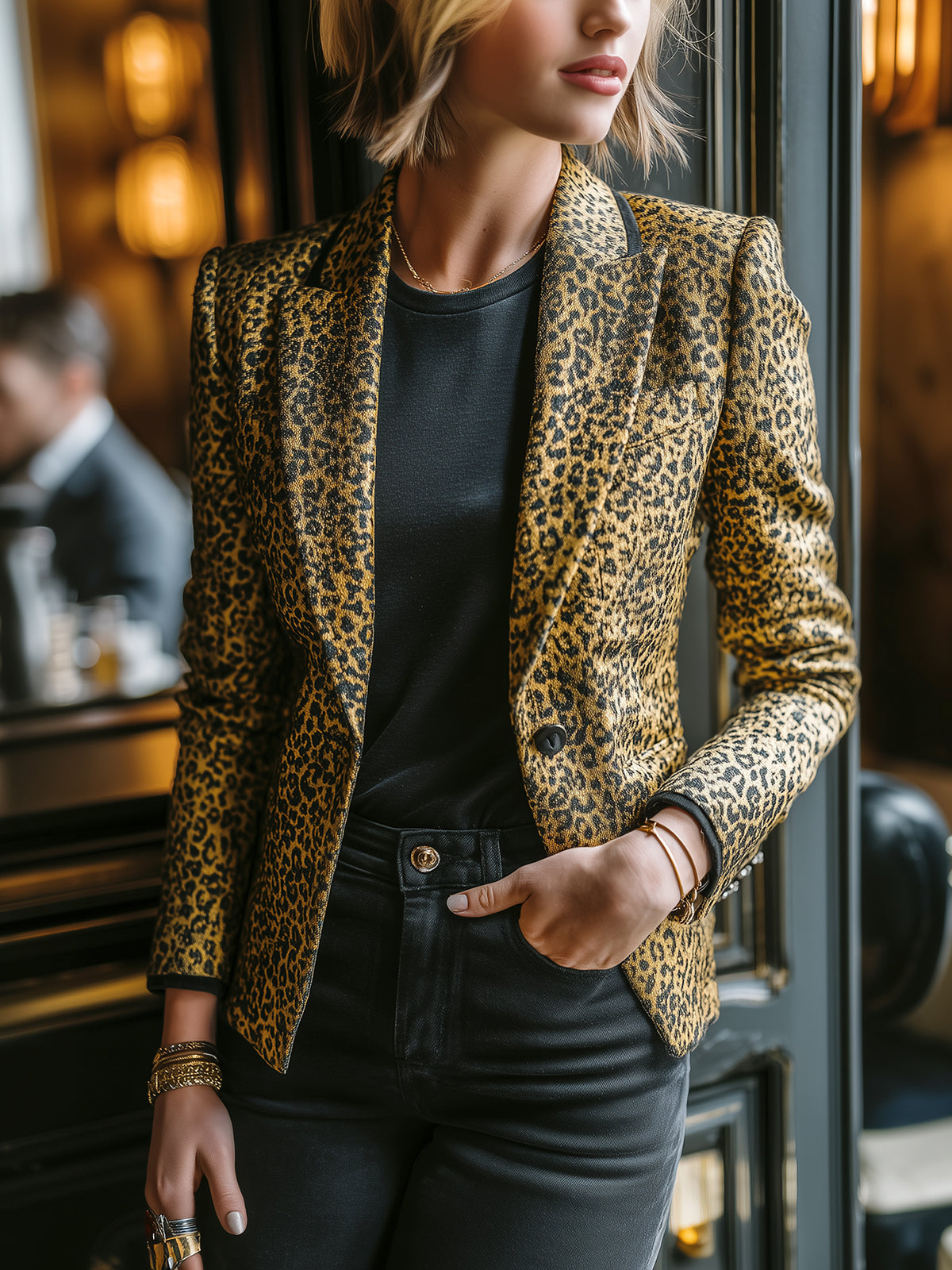ElevenOra Casual Vintage Leopard Print Peaked Collar Single-Breasted Contrast Trim Tailored Waist Blazer