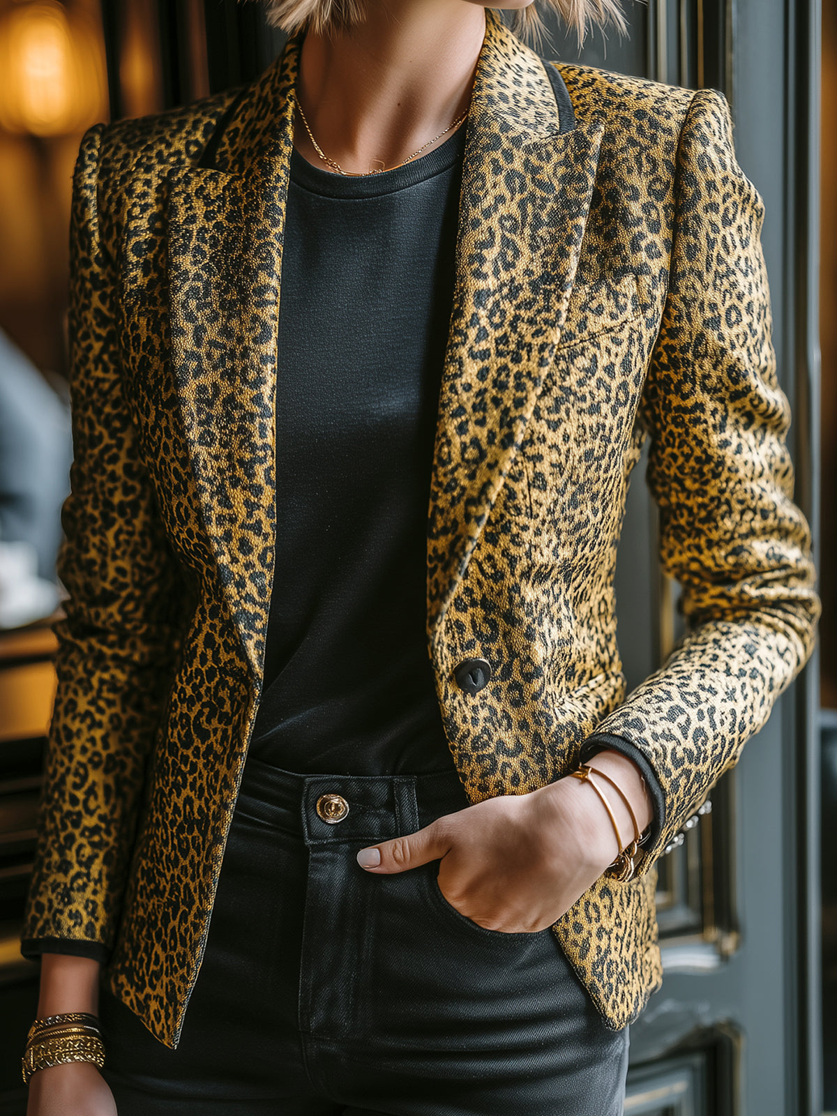 ElevenOra Casual Vintage Leopard Print Peaked Collar Single-Breasted Contrast Trim Tailored Waist Blazer