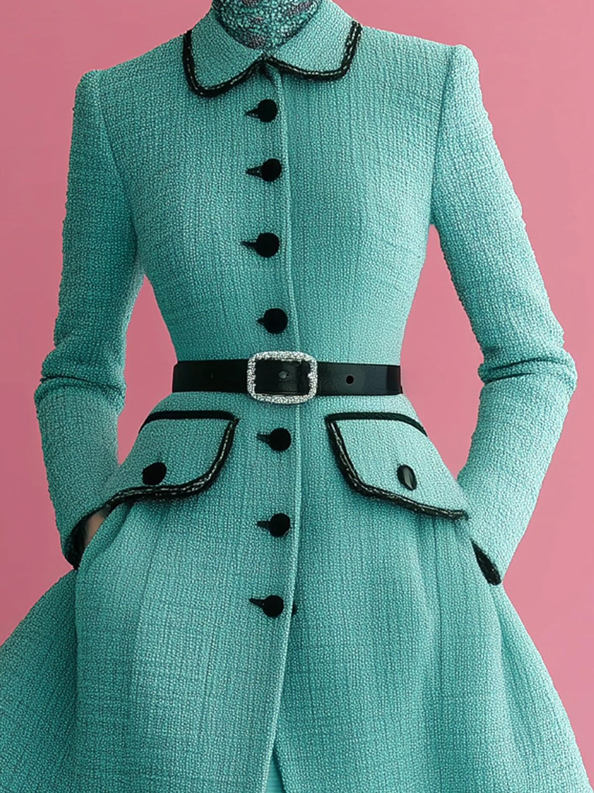 ElevenOra Vintage Elegant Tweed Peter Pan Collar Single-breasted Contrast Trim Belted Mid-Length Dress Coat