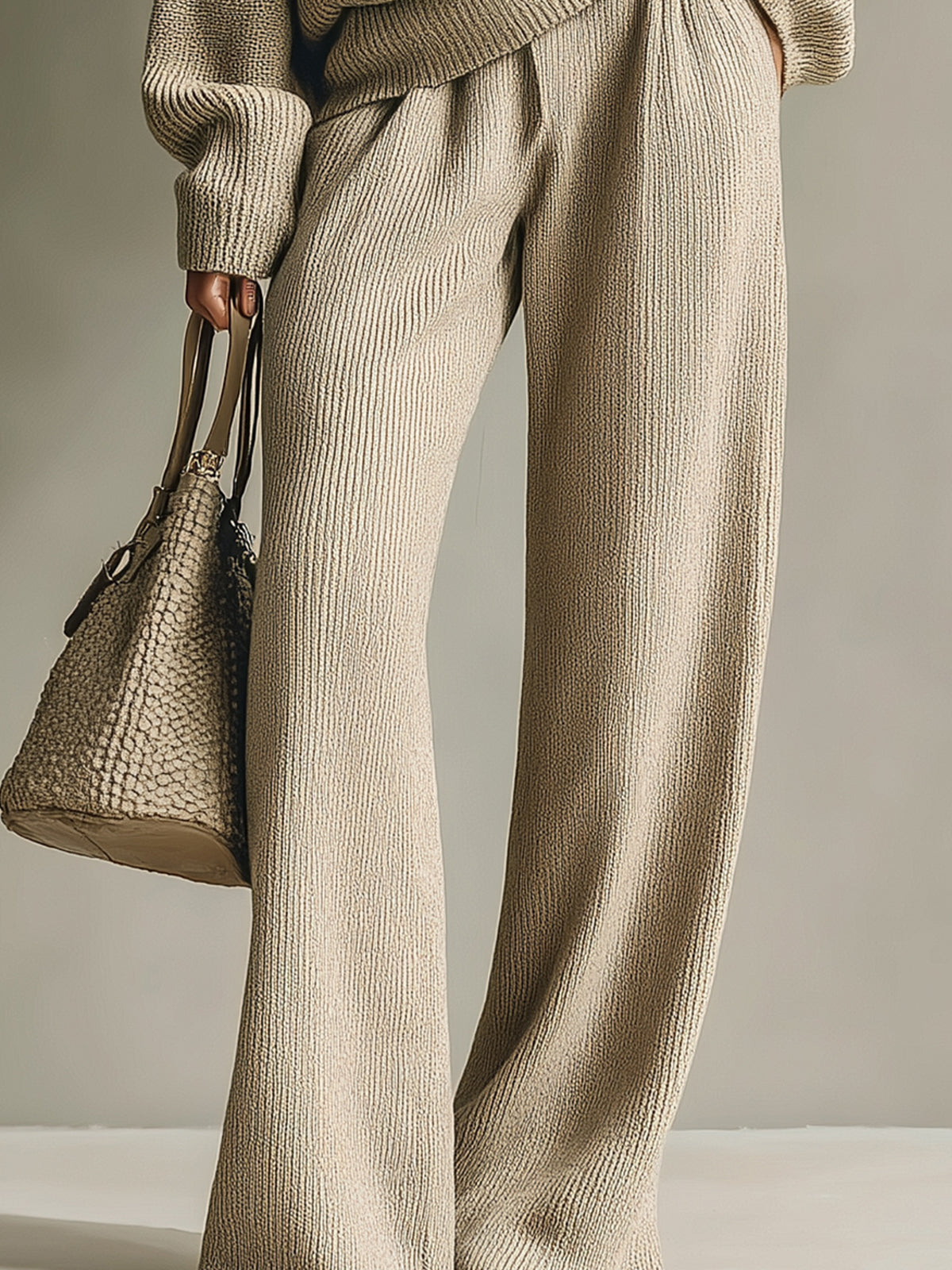 ElevenOra Chic Cozy V-neck Oversized Long-sleeved Sweater Wide-leg Pants Ribbed Knit Two-piece Set
