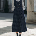 ElevenOra Chic Vintage Navy Blue Plaid Wool Blend Double-Breasted Belted A-Line Maxi Pinafore Dress