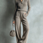 ElevenOra Casual Elegant Polo Collar Long-sleeved Slim-fit Sweater Wide-leg Pants Ribbed Knit Two-piece Set