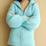 ElevenOra Casual Chic Lapel Zipper-Front Slim-Fit Long-sleeved Mohair Knit Cardigan