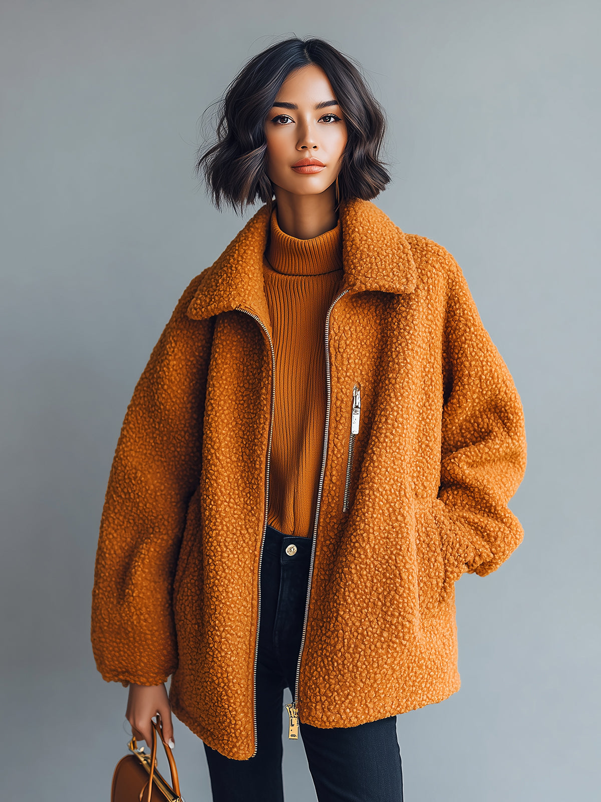 ElevenOra Casual Orange Faux Sherpa Lapel Zip-Front Oversized Warm Coat