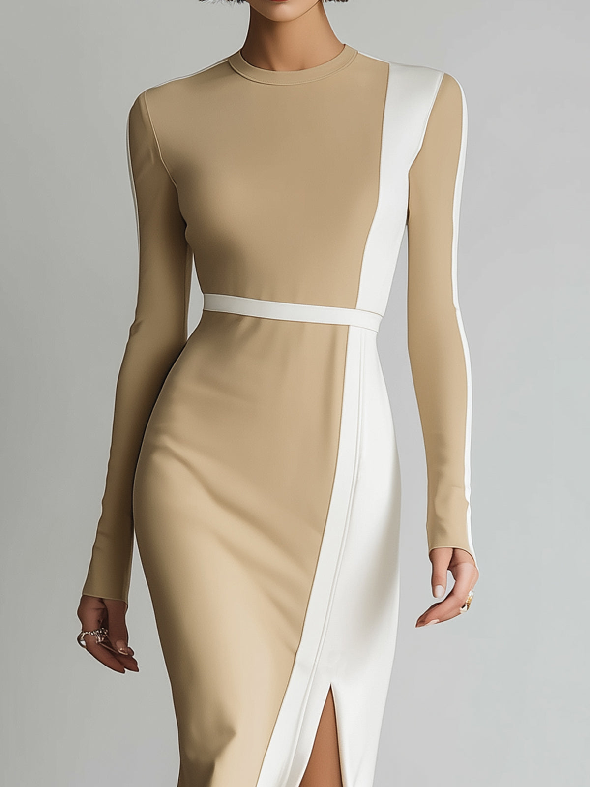 ElevenOra casual Office Colorblock Cotton Blend Round Neck Slim Slit Long Sleeve Maxi Dress
