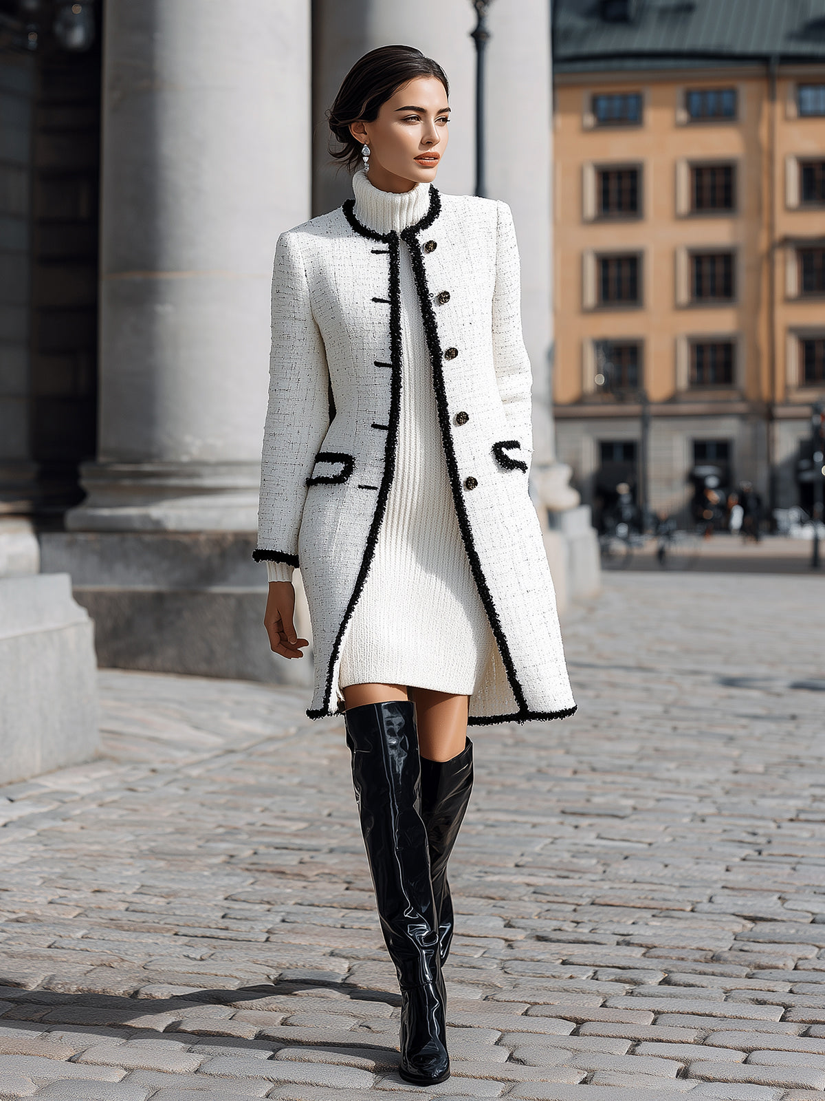 ElevenOra Vintage Elegant Tweed Round Neck Single-Breasted Contrast Trim Tailored Mid-Length Coat
