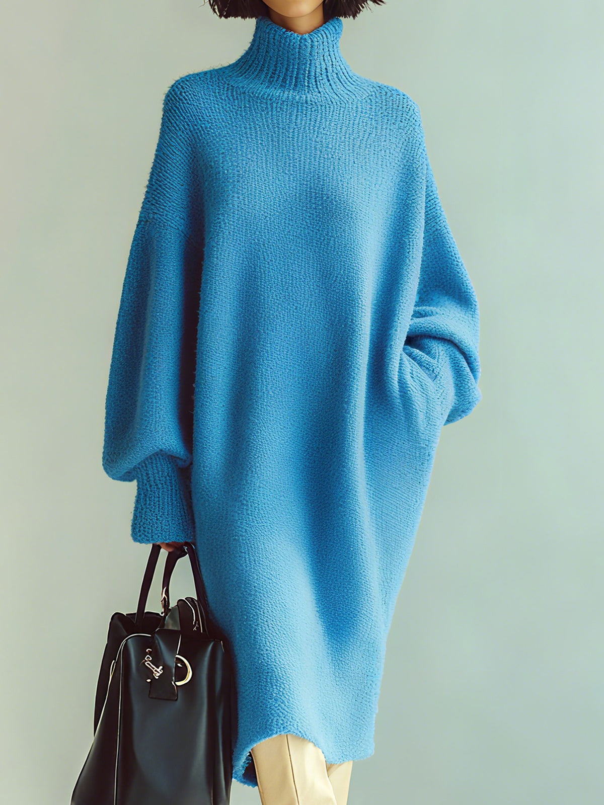 ElevenOra Chic Casual Blue Turtle Neck Oversized Long Sleeve Knit Midi Dress