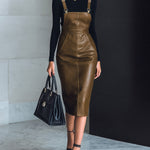 ElevenOra Chic Elegant Brown Faux Leather Slant Pocket Slim-Fit Pinafore Bodycon Midi Dress