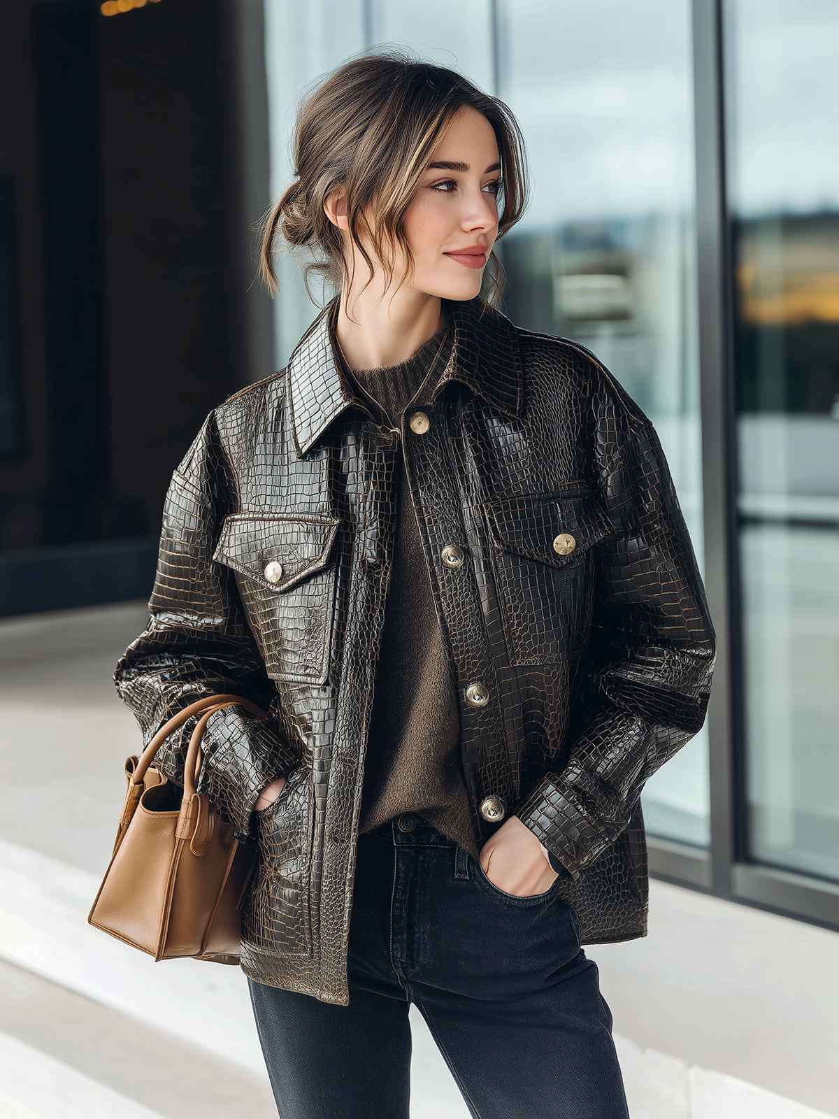 ElevenOra Casual Dark Brown Crocodile Embossed Faux Leather Lapel Single-Breasted Utility Pocket Jacket