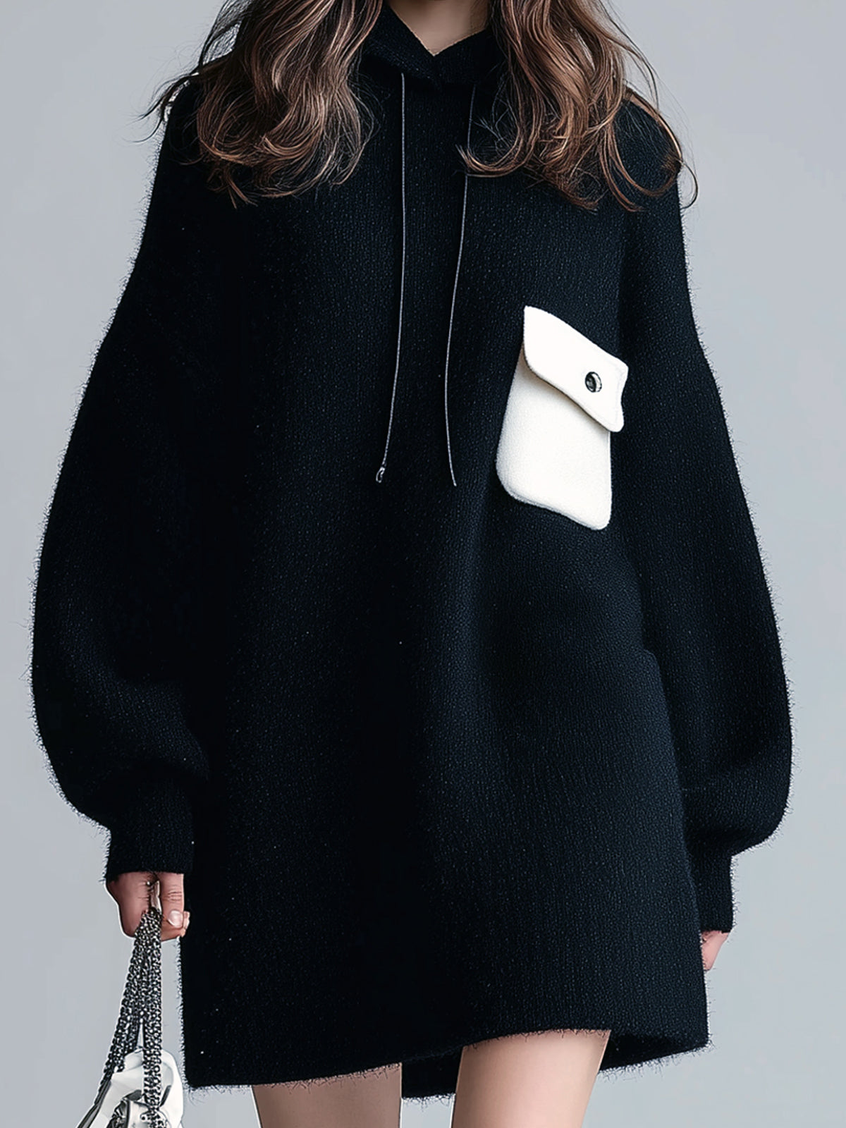 ElevenOra Casual Oversized Black Hooded Long-Sleeve Contrast Chest Pocket Knit Mini Dress