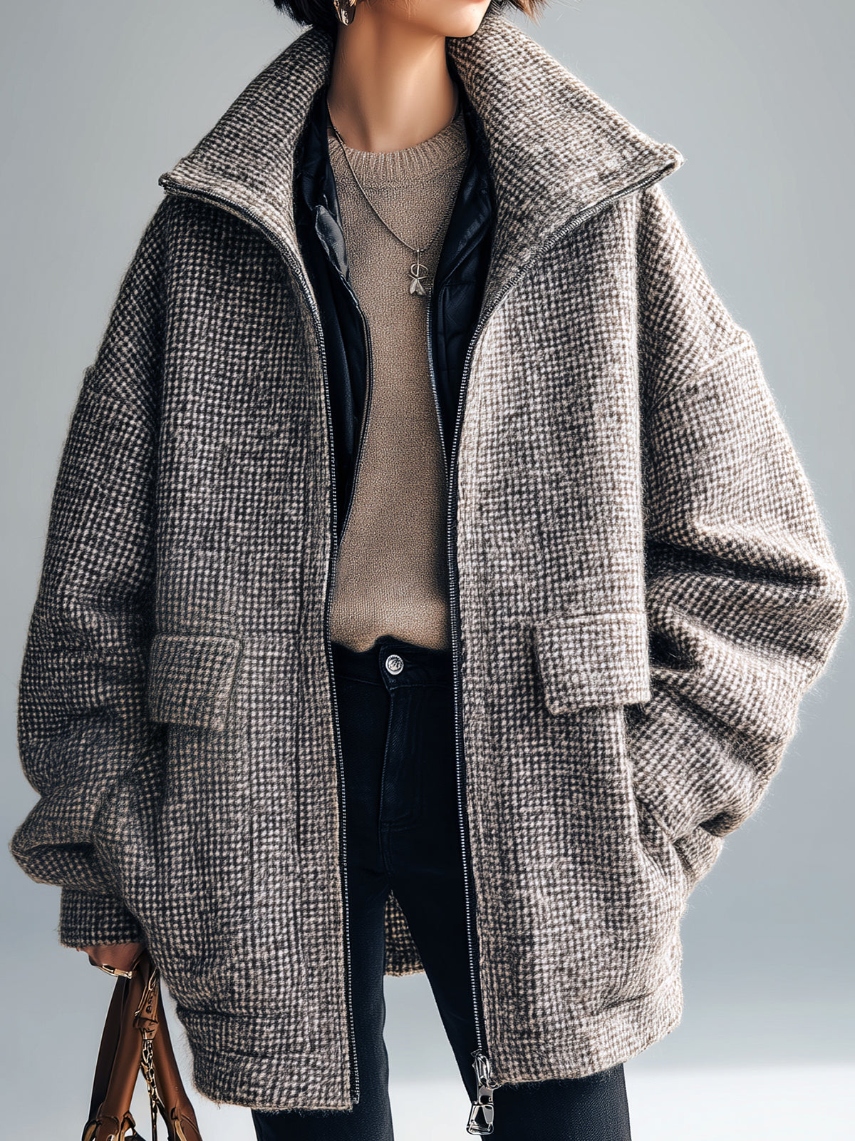 ElevenOra Casual Chic Wool Blend Houndstooth Wide Lapel Patch Pockets Oversized Zip-Front Warm Coat