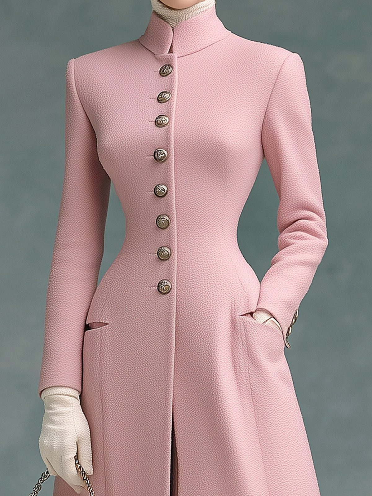 ElevenOra Elegant Vintage Wool Blend Stand Collar Single-Breasted Tailored Waist Long Coat