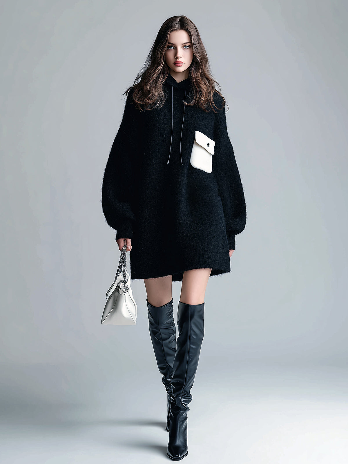 ElevenOra Casual Oversized Black Hooded Long-Sleeve Contrast Chest Pocket Knit Mini Dress