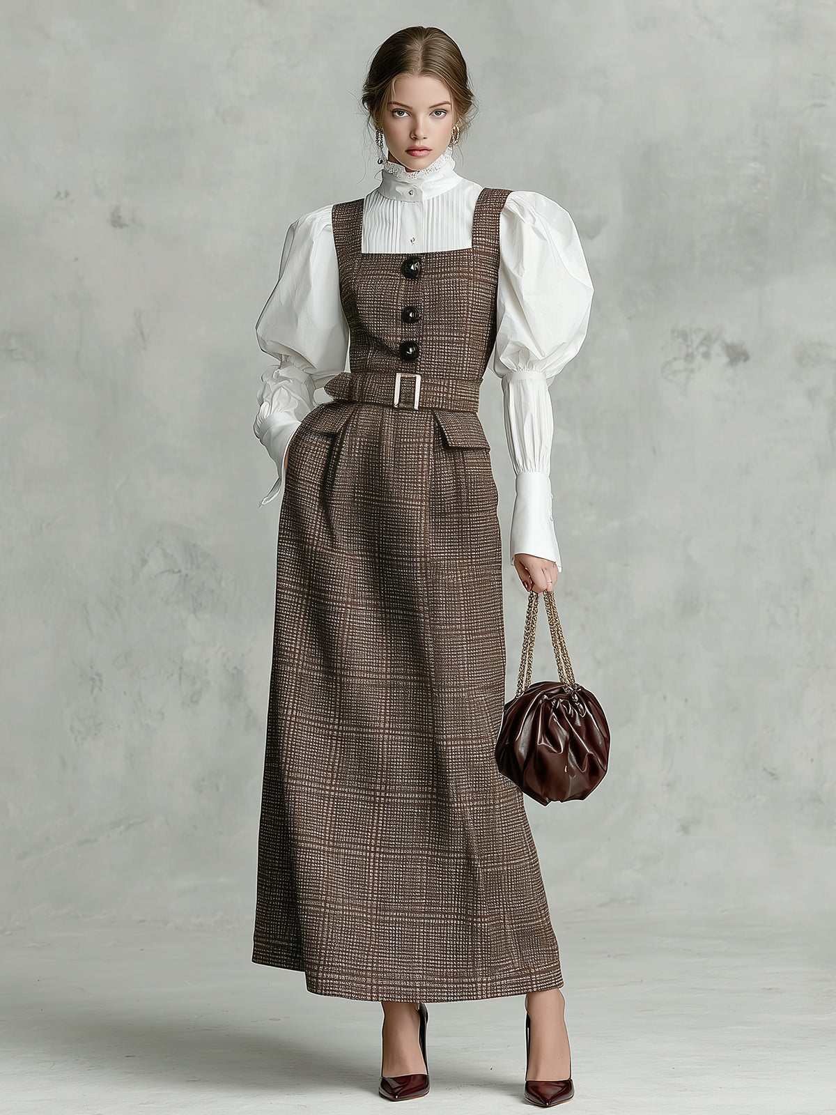 ElevenOra Chic Vintage Check Wool Blend Button-Front Belted Pocket Slim-Fit Pinafore Maxi Dress