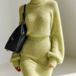 ElevenOra Chic Elegant Turtle Neck Long Lantern Sleeve Sweater Bodycon Mini Skirt Mohair Knit Two-Piece Set