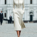 ElevenOra Elegant Formal Cream White Stand Collar Gold Buttons Tailored Waist Long-Sleeve Midi Dress