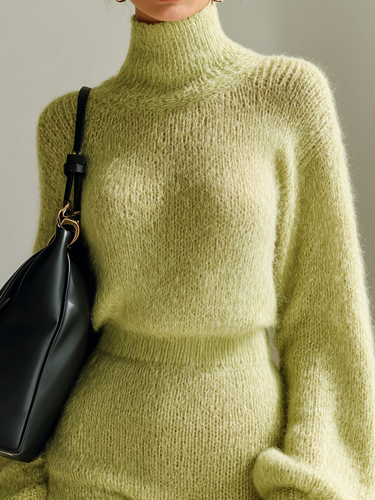 ElevenOra Chic Elegant Turtle Neck Long Lantern Sleeve Sweater Bodycon Mini Skirt Mohair Knit Two-Piece Set