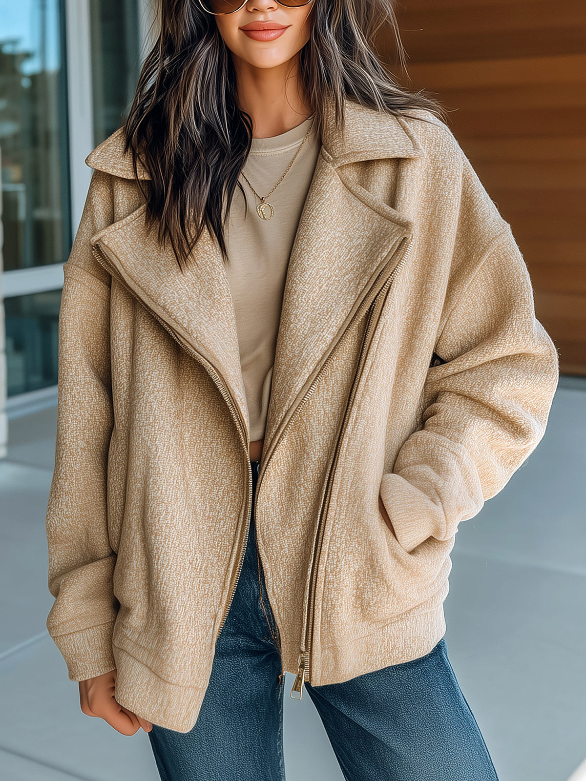 ElevenOra Casual Chic Cotton Blend Oversized Asymmetrical Zip Collared Jacket