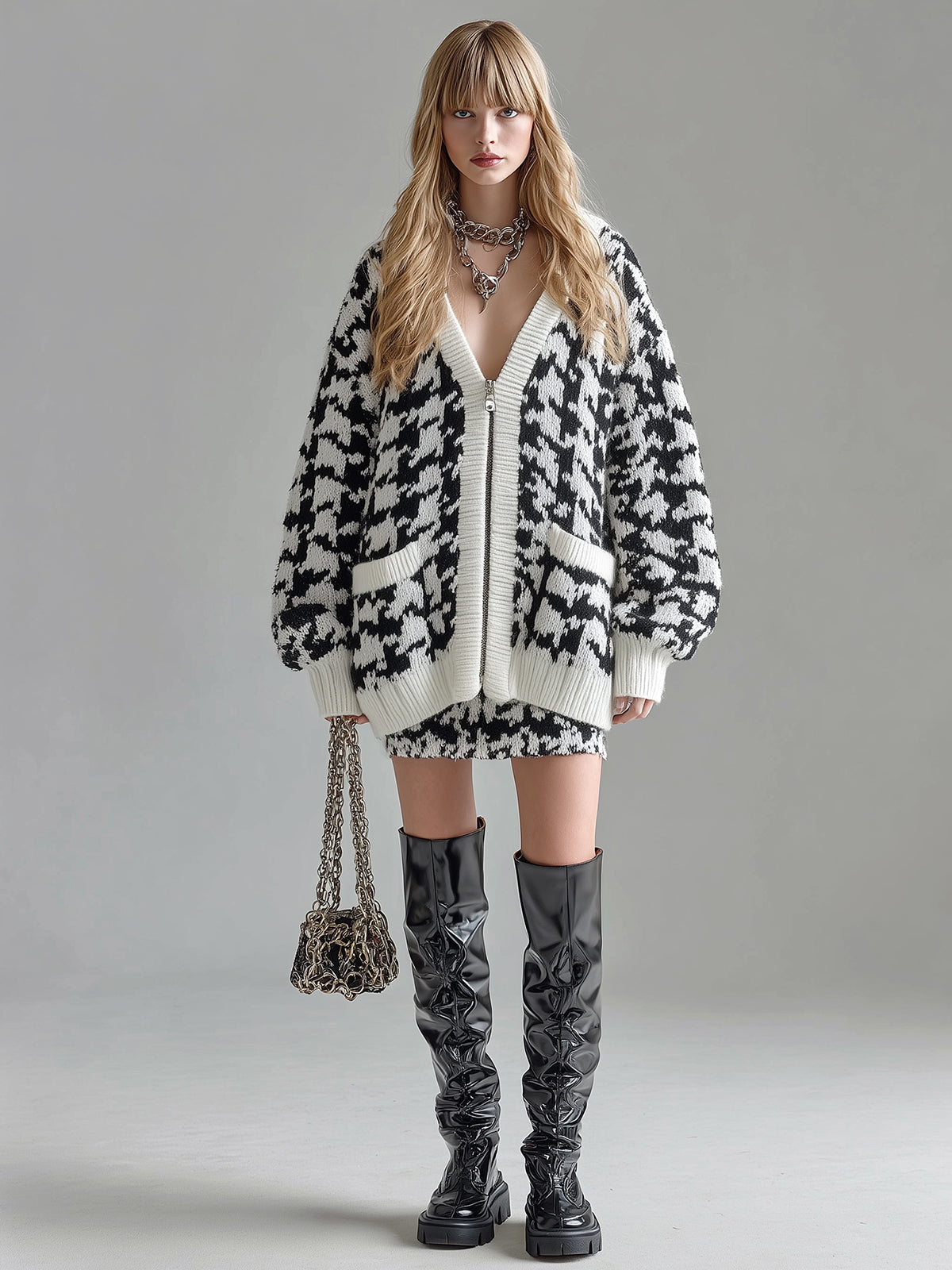 ElevenOra Casual Chic Contrast Houndstooth V-neck Single-breasted Oversized Long Sleeve Knit Cardigan