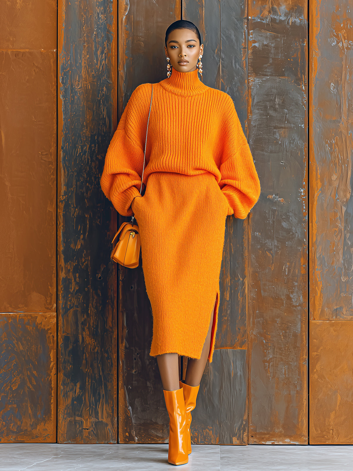 ElevenOra Chic Elegant Orange Turtle Neck Oversized Long Sleeve Sweater Bodycon Side Slit Midi Skirt Knit Two-Piece Set