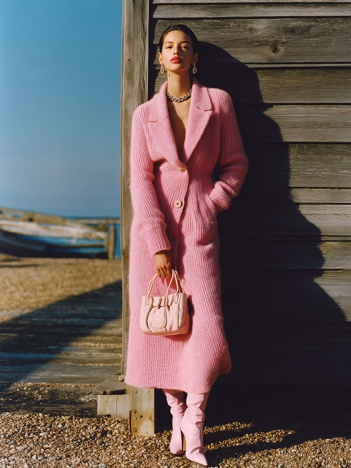 ElevenOra Stylish Elegant Pink Blazer Collar Single-breasted Slim-fit Long-sleeved Knit Maxi Dress