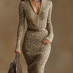 ElevenOra Chic Elegant Zip-Up Stand Collar Leopard Jacquard Belted Bodycon Knitted Midi Dress