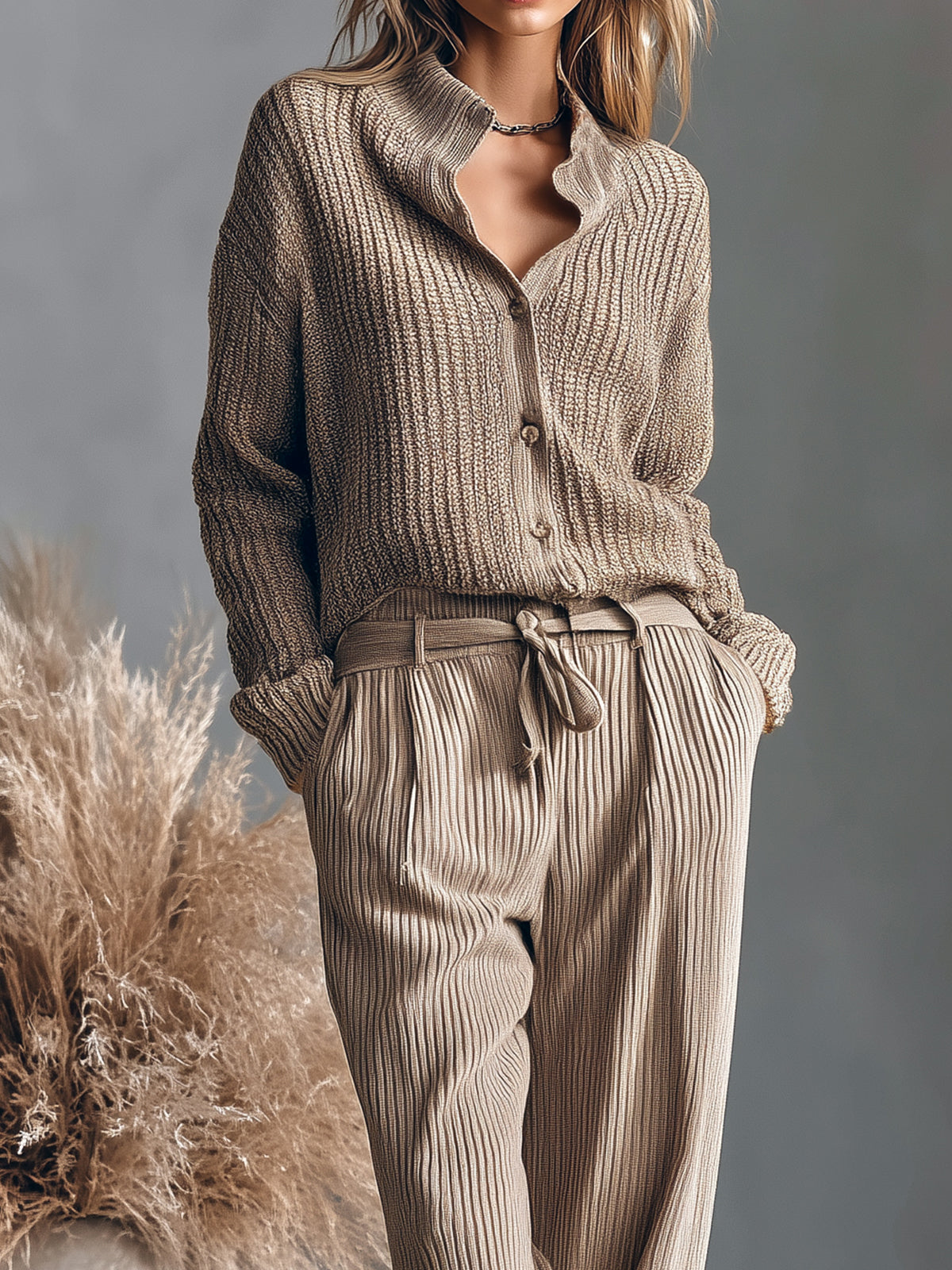 ElevenOra Chic Stand-up Collar Single-breasted Long-sleeved Cardigan Belted Wide-leg Pants Ribbed Knit Two-piece Set